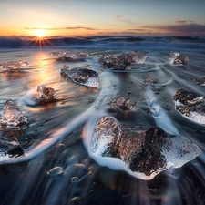 Icecream, iceland, Sunrise, Vatnajökull National Park, Waves, sea
