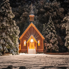 church, forest, viewes, State of California, illuminated, winter, trees, The United States, Yosemite National Park, chapel