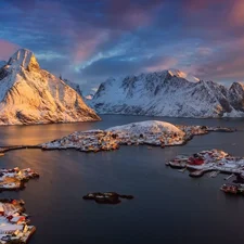 Reine Village, Lofoten, Sunrise, Moskenesoya Island, Norway, Mountains, clouds