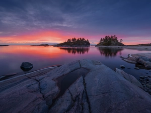 Islets, rocks, Karelia, clouds, Lake Ladoga, Great Sunsets, Russia