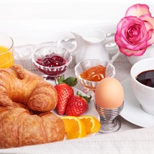 Jam, breakfast, egg, coffee, croissants