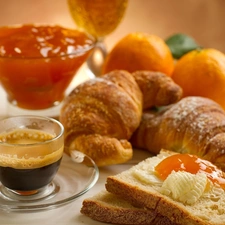 jelly, orange, bread, croissant, coffee