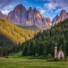 Dolomites, Val di Funes Valley, Church of St. John, Mountains, Italy, Massif Odle, clouds