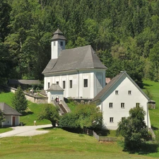 trees, church, Johnsbach, Austria, viewes, grass