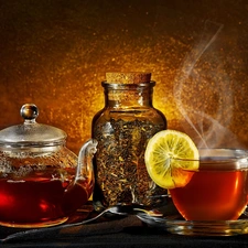 jug, cup, tea, Lemon, hot