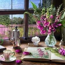Vase, foxglove, Book, jug, Lamp, Flowers