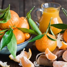 mandarin, leaves, jug, juice