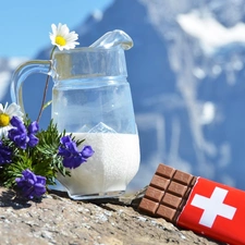 Mountains, chocolate, jug, Flowers