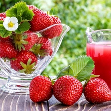 strawberries, juice, blurry background, jug