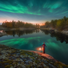 aurora polaris, Lake Ladoga, rocks, trees, Karelia, Russia, Women, Lighthouse, viewes