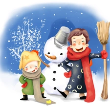 winter, Snowman, Kids, snow