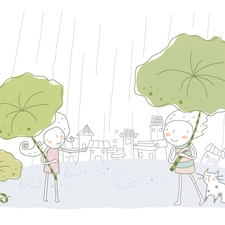 Kids, Leaf, kitten, Rain