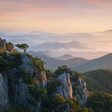 Sunrise, trees, South Korea, viewes, North Jeolla Province, Mountains, Daedunsan Provincial Park, rocks