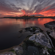 rocks, Great Sunsets, viewes, Russia, trees, Lake Ladoga