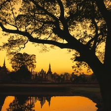 Cambodia, trees, lake, structures