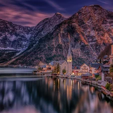 Mountains, Salzburg Slate Alps, morning, Hallstattersee Lake, Church, Hallstatt, Austria, Houses