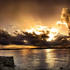 clouds, sun, lake, Przebijające