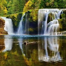 forest, waterfall, lake, rocks