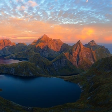 Mountains, lake, Lofoten, sea, Norway