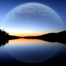 lake, Sky, moon