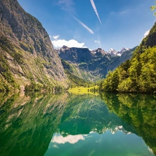 trees, viewes, Germany, reflection, Bavaria, Obersee Lake, Mountains, Berchtesgaden National Park