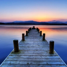 water, west, lake, Mountains, Platform, Sky