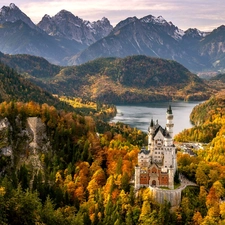 viewes, Bavaria, Neuschwanstein Castle, Mountains, autumn, Germany, Schwangau, Alps, Lake Alpsee, trees