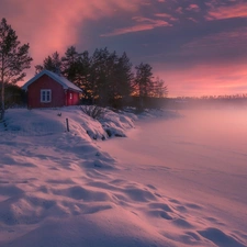trees, viewes, Norway, snowy, Ringerike, house, winter, lake