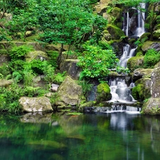 Park, rocks, lake, waterfall