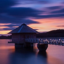 lake, pier, sun, forest, west