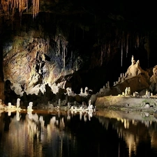 lake, cave, rocks