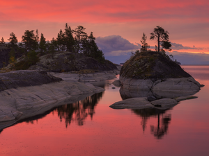 Islet, Great Sunsets, reflection, rocks, viewes, Russia, Karelia, Ladoga, lake, clouds, trees