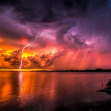 lake, thunderbolt, Storm, clouds, summer