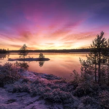 Great Sunsets, Ringerike, trees, winter, Norway, lake, viewes