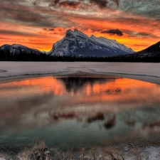 lake, winter, sun, rocks, west