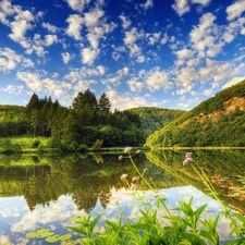 lake, Mountains, woods