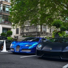 blue, Black, Lamborghini Aventador, Bugatti Veyron