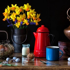 eggs, Daffodils, Cup, Lamp, composition, jug, pot