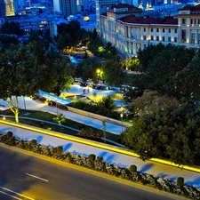 trees, Houses, Night Landscape, Baku, viewes, square