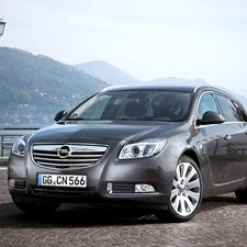 Opel Insignia, lake, lanterns, Mountains