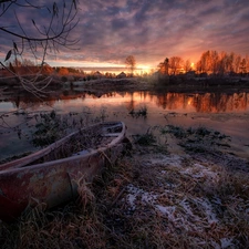 Boat, Dubna River, Great Sunsets, winter, Latgale, Latvia, trees, viewes, Houses