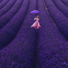 Field, Women, umbrella, lavender