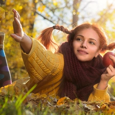 Leaf, autumn, Apple, forest, girl