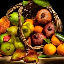 lemons, Fruits, mandarin, Leaf, grenades, basket