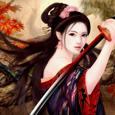 girl, sword, Leaf, kimono