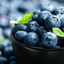 leaves, bowl, blueberries, green ones, Black