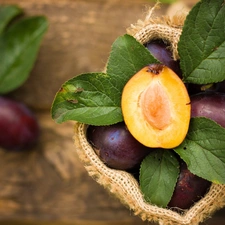 plums, leaves