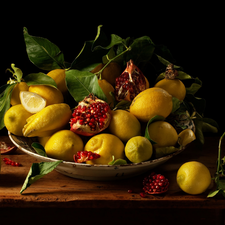 composition, grenades, bowl, lemons