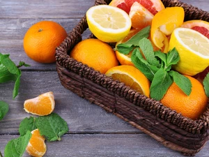 mandarin, basket, leaves, lemons