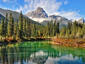 forest, Alps, Fog, lake, ligh, luminosity, flash, Matterhorn, mount, sun, Przebijające